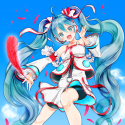 This is a pixiv picture whose title is 赤い羽根と笑顔.