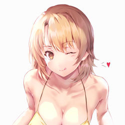 This is a pixiv picture whose title is 「せんぱーい、水着解けちゃったので手伝ってくだい♪」.