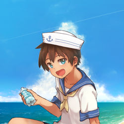 This is a pixiv picture whose title is 夏の海、セーラー服の少年.