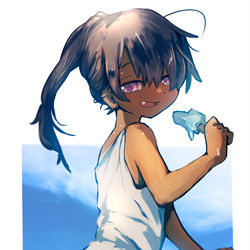 This is a pixiv picture whose title is 田舎に帰るとやけになついた褐色ポニテショタがいる.