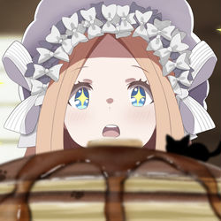 This is a pixiv picture whose title is 黒猫パンケーキを前にしたアビーちゃん.