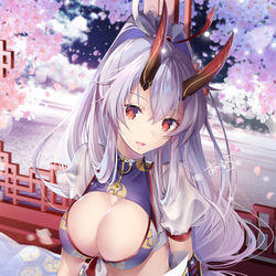 This is a pixiv picture whose title is 巴御前と海と桜【通販関係追記あり】.