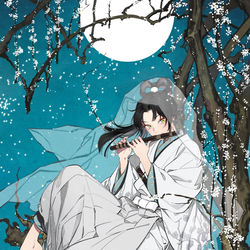 This is a pixiv picture whose title is 牛若丸白梅月下図.