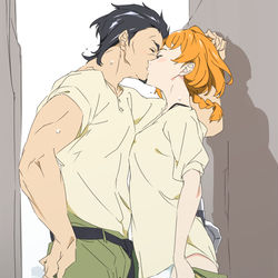This is a pixiv picture whose title is 帰り際に路地裏でカブラギ氏とイチャイチャするナツメさん.