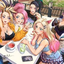 This is a pixiv picture whose title is KDA fanart - Selfie at the cafe.