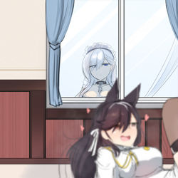 This is a pixiv picture whose title is ２階にある指揮官の部屋を覗き見するベルファスト.