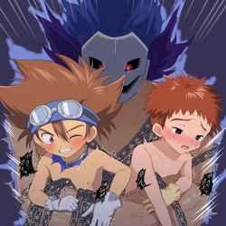 This is a pixiv picture whose title is [skeb]ベアハッグされる太一と光子郎[comission].