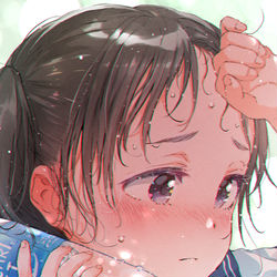 This is a pixiv picture whose title is わたくし、「じっとり汗ばんだ女の子のおでこに髪の毛がぺったりと、.