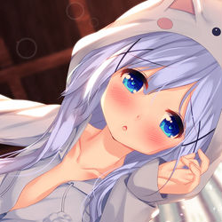 This is a pixiv picture whose title is 寝顔にキスしようとして直前で目が覚めてテンパるチノちゃん.