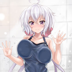 This is a pixiv picture whose title is 雪音クリスちゃん（スク水っパイ）.