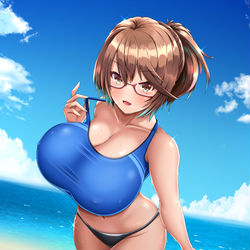 This is a pixiv picture whose title is 爆乳お姉さんとスポブラ海デート♥.