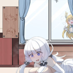 This is a pixiv picture whose title is 2階にある指揮官の部屋を覗き見するヴィクトリアス.