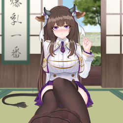 This is a pixiv picture whose title is 胸部和脚，到底要用哪个啦....