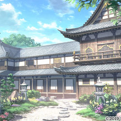 This is a pixiv picture whose title is ［仕事絵］あやかしランブル！_庭園から見る屋敷.