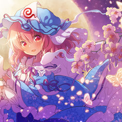 This is a pixiv picture whose title is 月夜に蝶々と少女舞う.