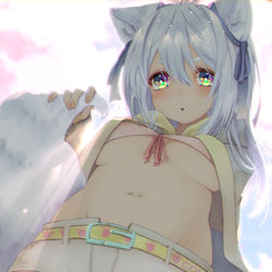 This is a pixiv picture whose title is 「お兄ちゃん、どうして下から見てるの？」.