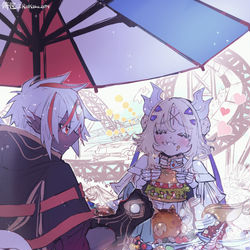 This is a pixiv picture whose title is 教導の聖女エクレシアとアルバスの落胤と遊園地のごはん.