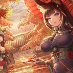 This is a pixiv picture whose title is アズレン三周年！～三姉妹と紅葉狩り～.