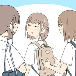 This is a pixiv picture whose title is 「カバンに引っかかっちゃうんだよね〜、わかるよ私も経験あるから」.