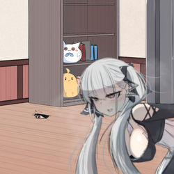 This is a pixiv picture whose title is 2階にある指揮官の部屋を床から探るツェッペリン.
