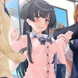 This is a pixiv picture whose title is 電車が揺れて図らずもPから壁ドンを受けてしまいドキドキする制服コ.