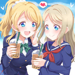 This is a pixiv picture whose title is 亜里沙「Хорошо…💕」 絵里「ね？すっごく美味いの！💕」.