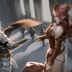 This is a pixiv picture whose title is Elf_Queen and Soldier 女王與士兵.
