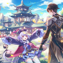 This is a pixiv picture whose title is 七七と鍾離先生.