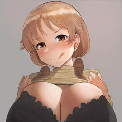 This is a pixiv picture whose title is 早苗さんのデカブラみちみち爆乳誘惑.