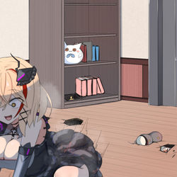 This is a pixiv picture whose title is 2階にある指揮官の部屋を床から探るオイゲン.