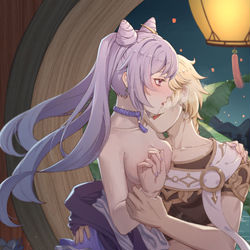 This is a pixiv picture whose title is 恋与原神-刻晴X旅行者.