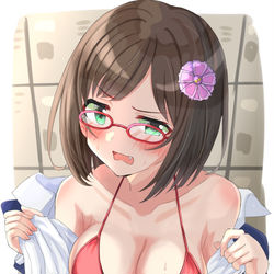 This is a pixiv picture whose title is 制服の中の水着を見せてくれる前川さん.
