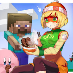 This is a pixiv picture whose title is ラーメンに世界観の合わないトッピングをされるミェンミェン.