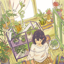 This is a pixiv picture whose title is 🐕わんわんと温室 / Small Greenhouse.