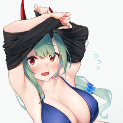 This is a pixiv picture whose title is 自分の角に引っかかってうまく脱げない低身長巨乳鬼っ子.