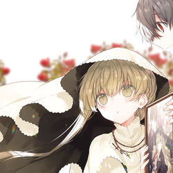 This is a pixiv picture whose title is 『白聖女と黒牧師』7巻発売記念複製原画展.