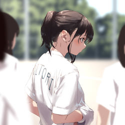 This is a pixiv picture whose title is おなか見えちゃってるポニテっ子.