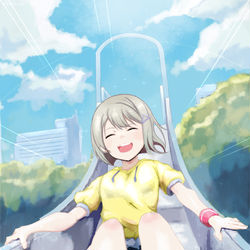 This is a pixiv picture whose title is 「かすみんだって滑り台くらい滑れますよ！」.