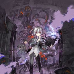 This is a pixiv picture whose title is 学校と混沌の門で.