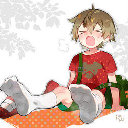 This is a pixiv picture whose title is 歩き疲れて足が棒になり、長座するショタ.