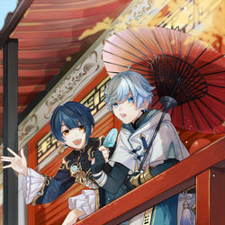 This is a pixiv picture whose title is 「旅人！」.
