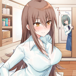 This is a pixiv picture whose title is 「い、今は入っちゃ駄目…」.