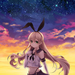 This is a pixiv picture whose title is 夕日をバックに.