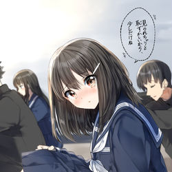 This is a pixiv picture whose title is 学年集会中、隣に座る彼女にわがまま言ってみた.