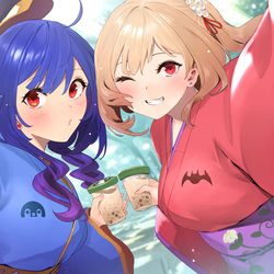 This is a pixiv picture whose title is 【愛瀬ユリアさん・拠鳥きまゆさん　着物ver】.