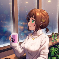 This is a pixiv picture whose title is 窓辺、ホットミルク、三毛猫。.