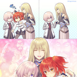 This is a pixiv picture whose title is 百合の間に挟まる男.