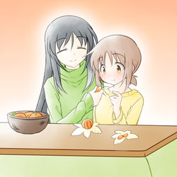 This is a pixiv picture whose title is 「コンフリクトガール」こたつでミカン.