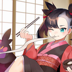This is a pixiv picture whose title is 餅を取り合うモルペコとマリィちゃん.