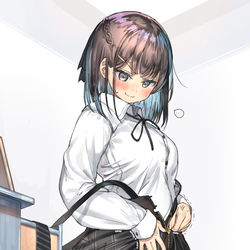 This is a pixiv picture whose title is 「こ、このスカートも洗濯で縮んじゃったのか…！！（震え）」.